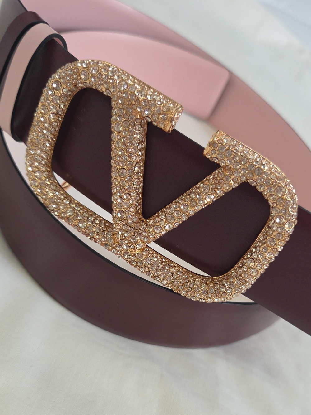 Valentino Garavani Pink Maroon Belt with Gold Sparkle Buckle